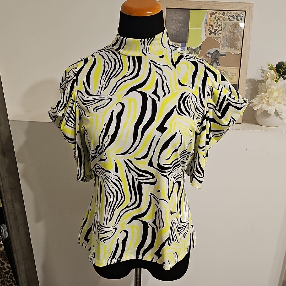 Black and Yellow Graphic Ruffled Blouse with Mandarin Collar